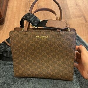 Karl Lagerfeld Brown Monogram Top-Handle Satchel with Black Strap